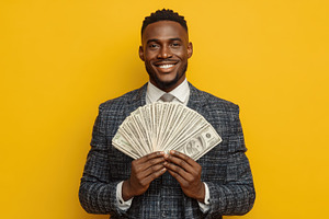 Happy businessman holding fan of cas, a Photo by Pixeness Studio