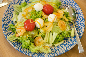 Healthy shrimp salad with cherry tomatoes and mozzarella balls on blue plate., a Food & Drink Photo by Rohan Photography