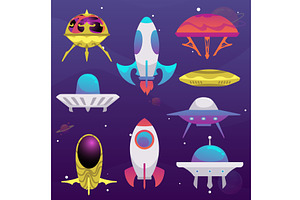 Set Of Spaceships, Ufo And Rockets