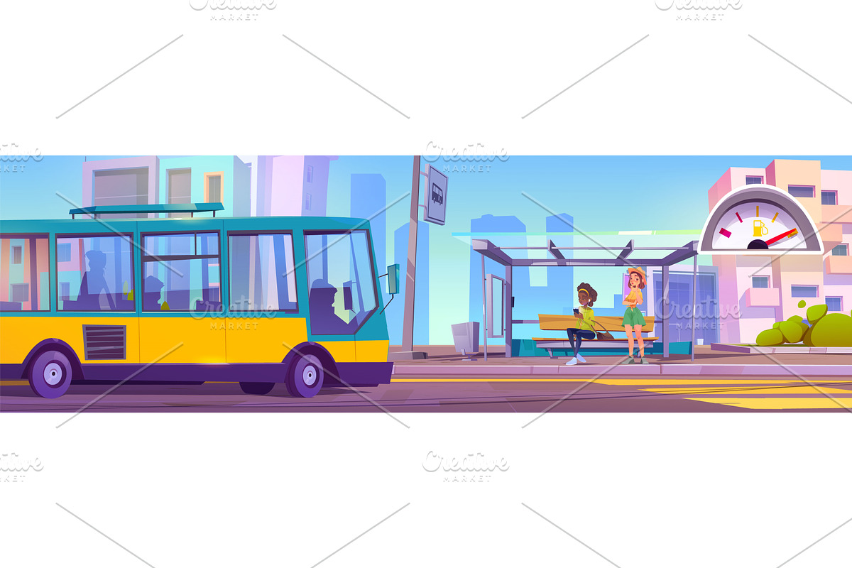 Bus stop scene with waiting, a Transportation Illustration by art PVP - market