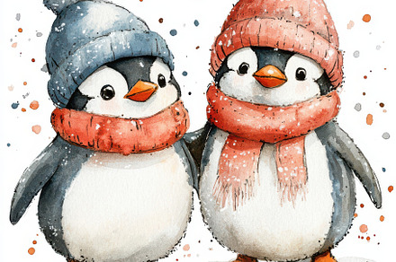 Two adorable penguins wearing winter, an Animal Photo by Pixeness