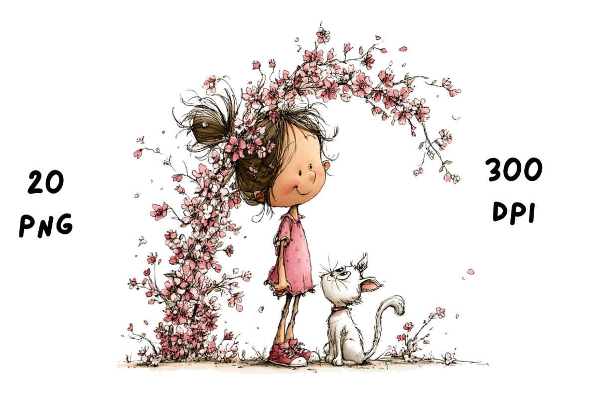Whimsical Floral Girl & Kitten, an Animal Illustration by GiraffeCreative (Photo 9 of 20)