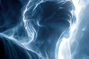 Ethereal portrait of an elderly figure surrounded by glowing abstract light dur, a Photo by AlyaAnd