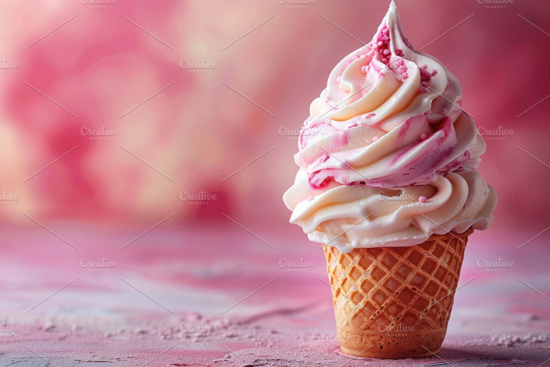 Pink ice cream cone dessert with waffle cone and creamy swirl on, a Food & Drink Photo by José Manuel Gelpi