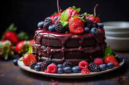 Chocolate cake with fresh berries on plate on wooden table, a Food & Drink Photo by AlyaAnd