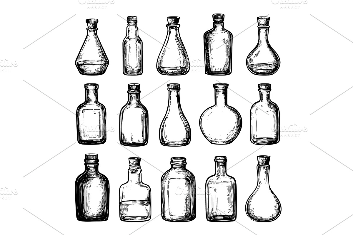 Empty Glass Bottles Hand Drawn, an Object Illustration by LadadikArt