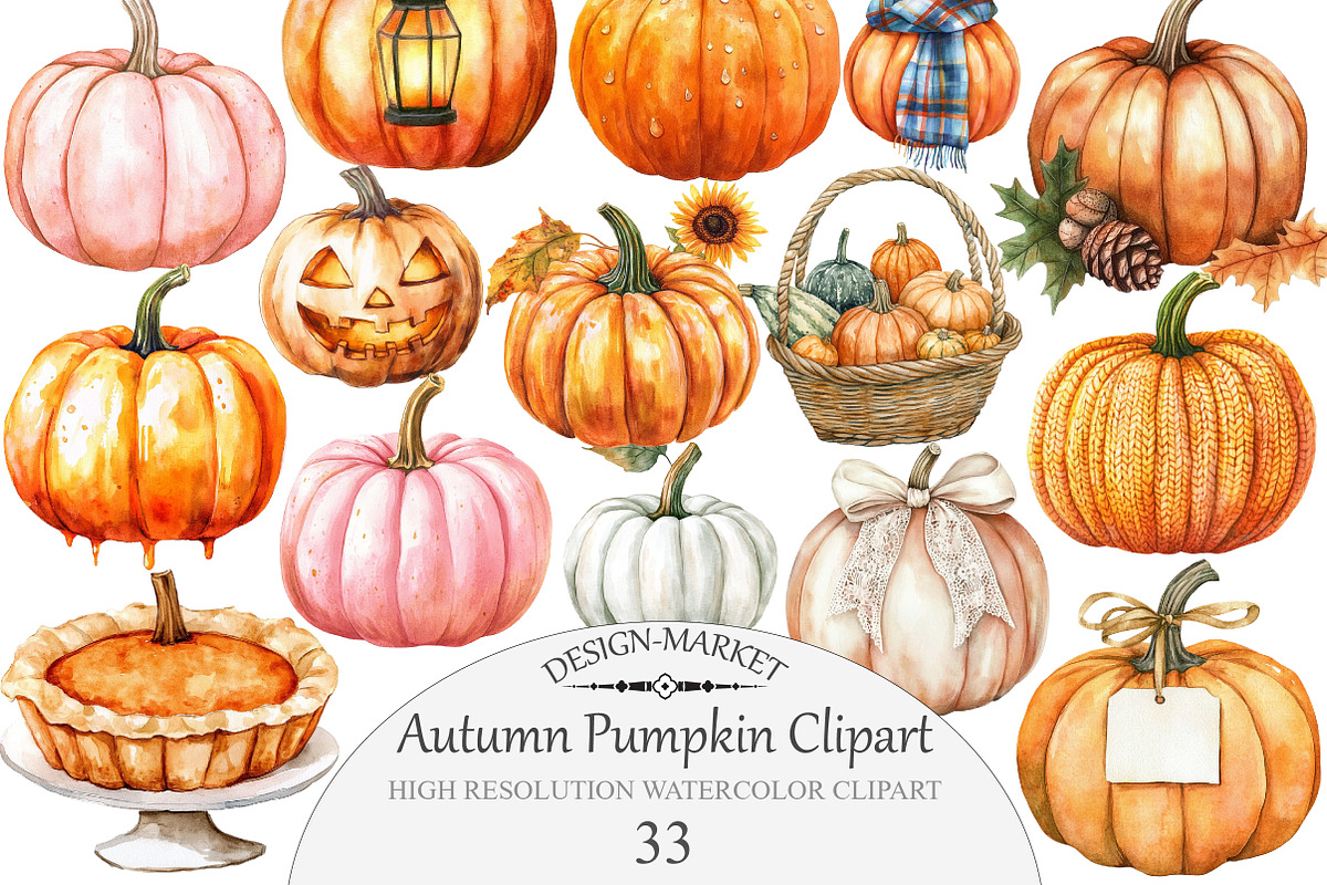 Watercolor Autumn Pumpkin Clipart, an Illustration by Design Market (Photo 1 of 4)
