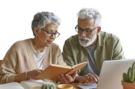 Elderly couple with books studying together isolated photo