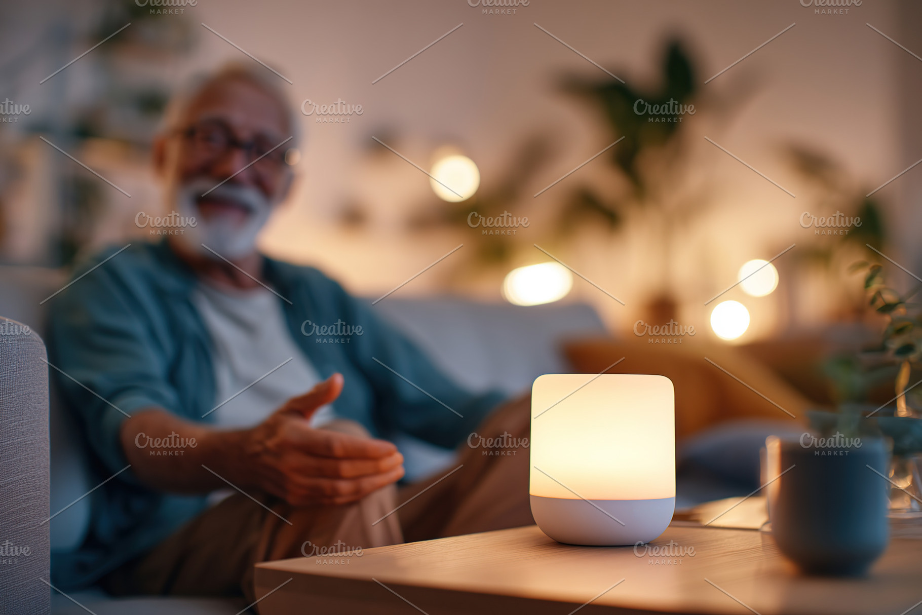 Elderly man relaxing in a cozy living room with soft lighting and comfortable a, a Photo by AlyaAnd