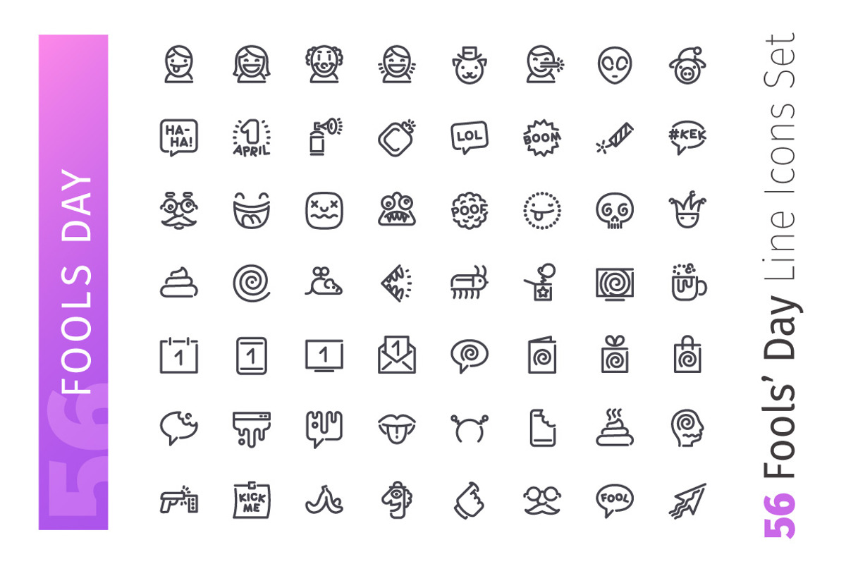 Fools Day Line Icons Set, an Emoji Icon by Voysla's Shop (Photo 2 of 4)