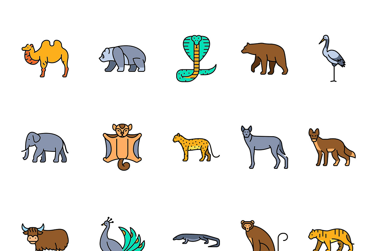 Asian animals color line icons set f, an Outline Icon by Backwoods_studio