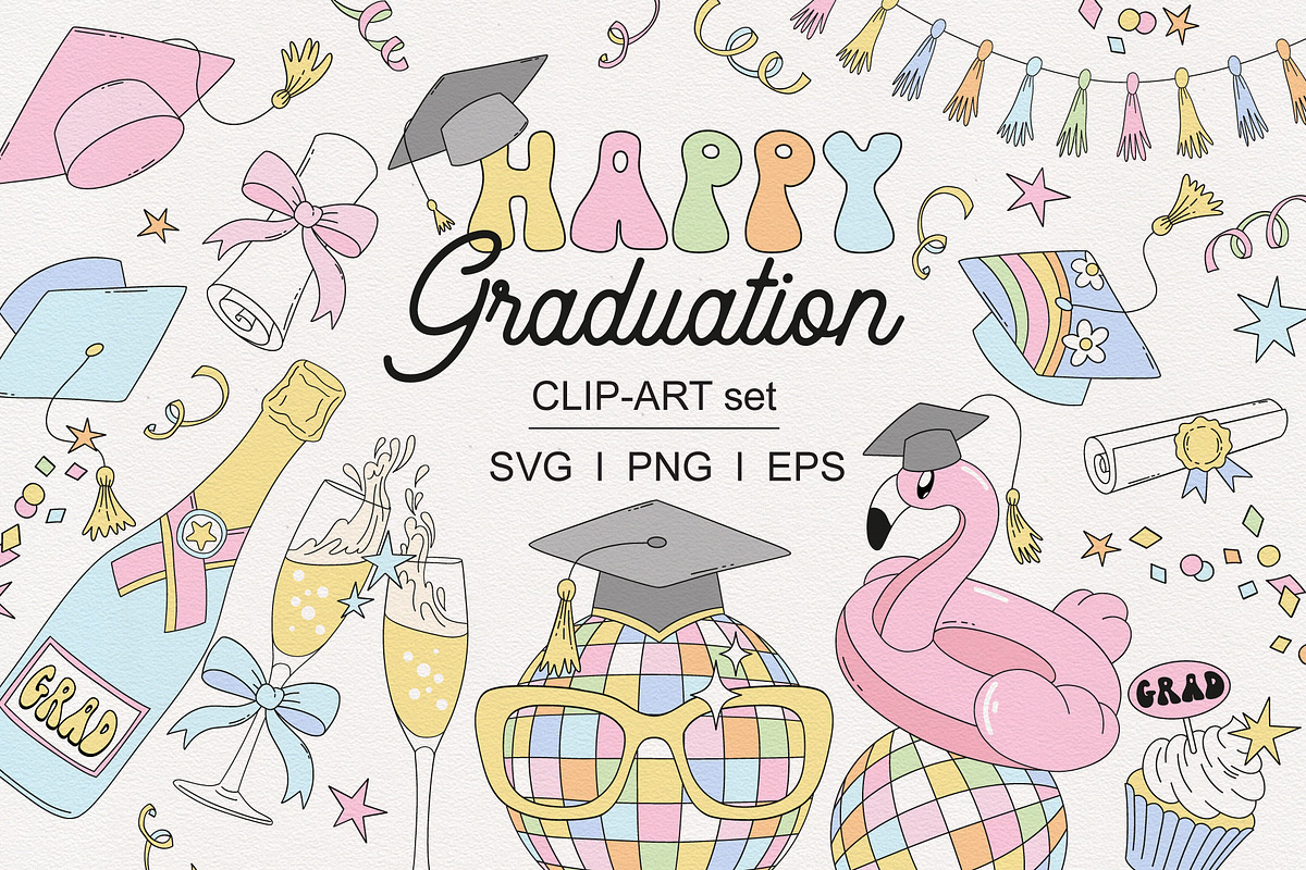 Groovy Graduation Party clipart set, an Education Illustration by @olga.angelloz (Photo 1 of 2)