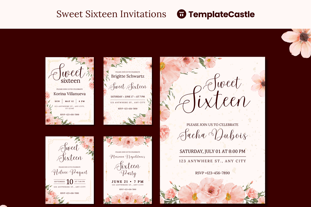 5 Sweet Sixteen Invitations Floral, a Templates & Theme by TemplateCastleStore (Photo 1 of 9)