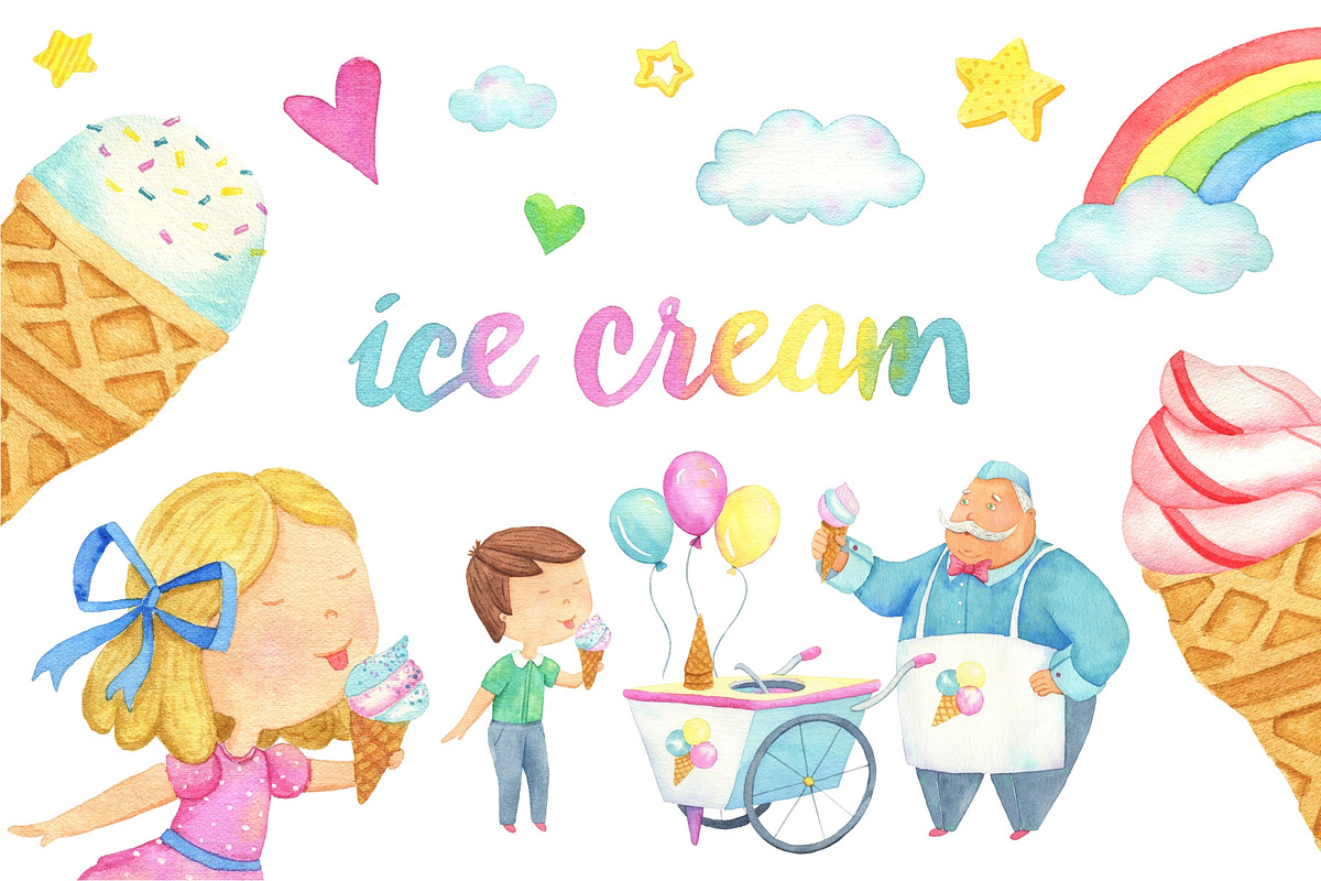 Watercolor Ice Cream clipart., a Decorative Illustration by Kattarina Po (Photo 1 of 9)