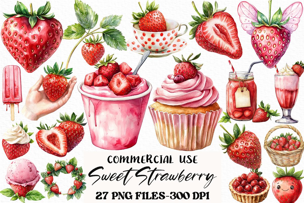 Watercolor Sweet Strawberry Clipart, an Illustration by Craft Nest (Photo 1 of 6)