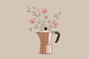 Coffee pot with flowers in a vase, a Photo by Beautiful things