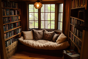 Cozy reading nook surrounded by book, a Photo by Tanuart