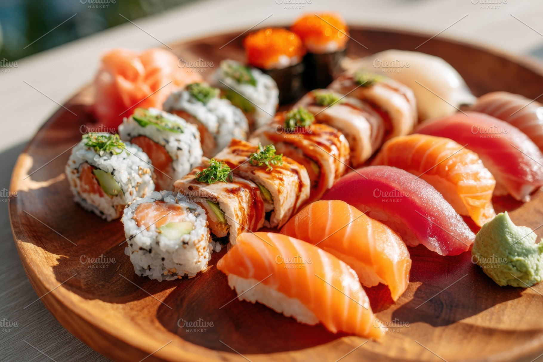 Assorted sushi platter with nigiri and rolls, a Food & Drink Photo by AlyaAnd