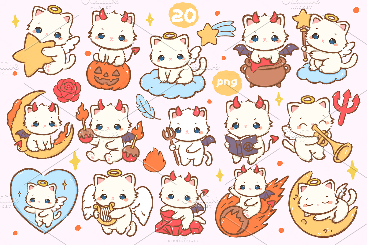 Kawaii white cat angels and devils, an Animal Illustration by Blumensdiary (Photo 2 of 7)