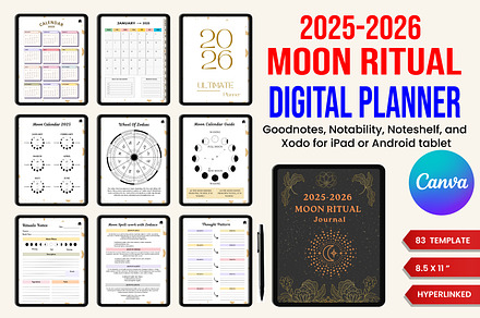 2025-2026 Digital Moon Ritual Journa, a Stationery Template by Designmela01