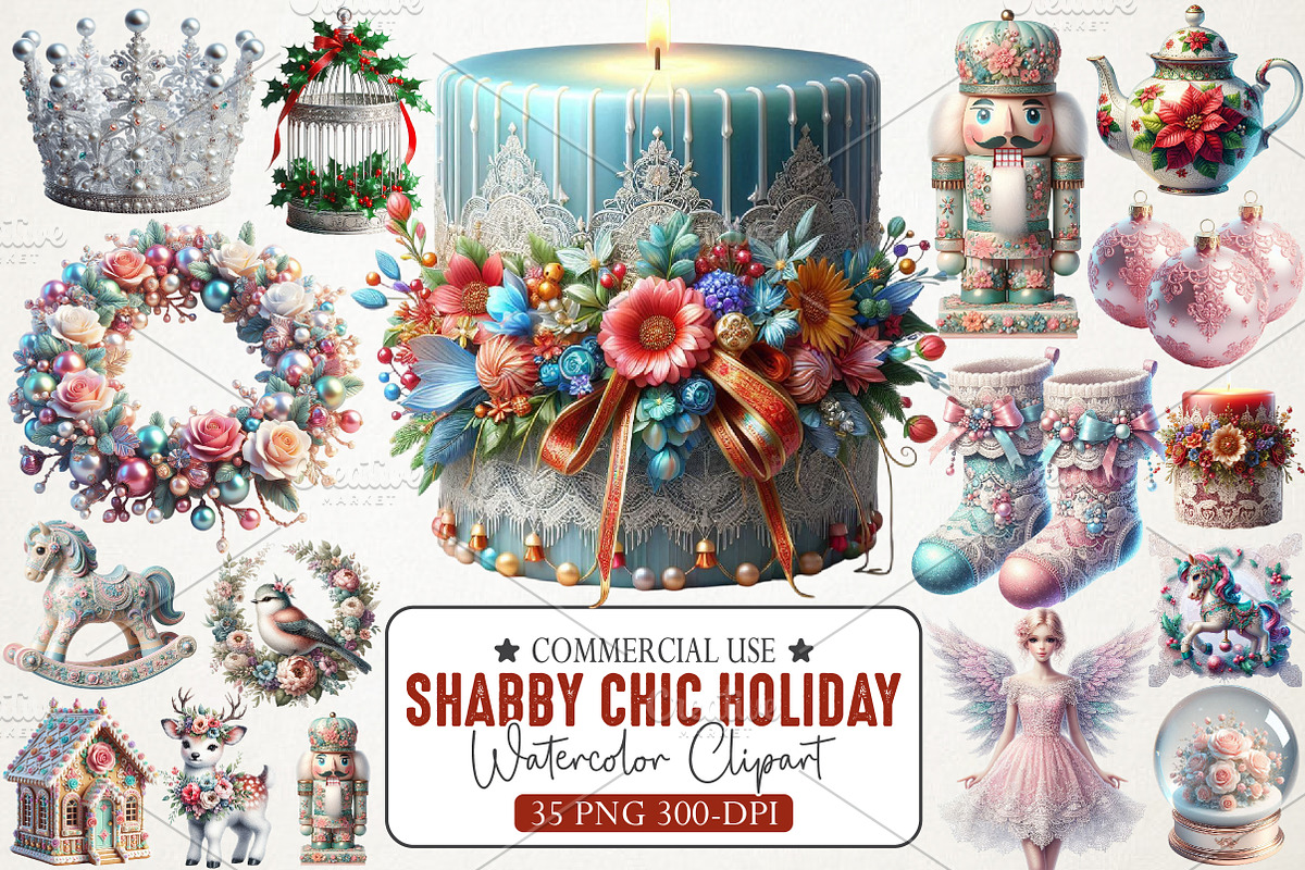 Shabby Chic Holiday Clipart Bundle, an Illustration by RobertsArt