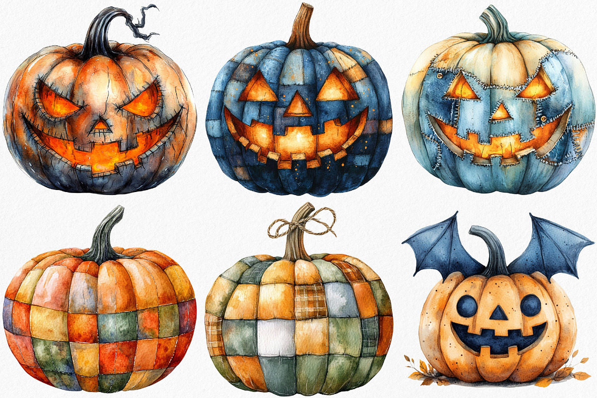 Halloween Patchwork Pumpkin Clipart, an Illustration by Canvas Craft (Photo 3 of 9)
