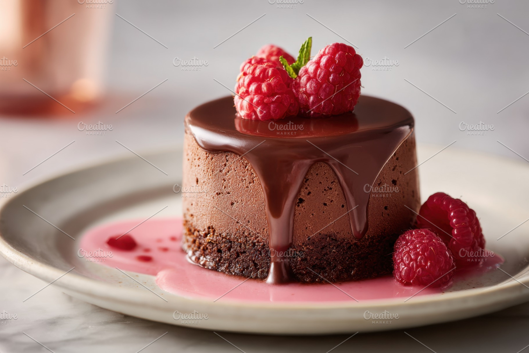 Decadent chocolate mousse cake with raspberries, a Food & Drink Photo by AlyaAnd