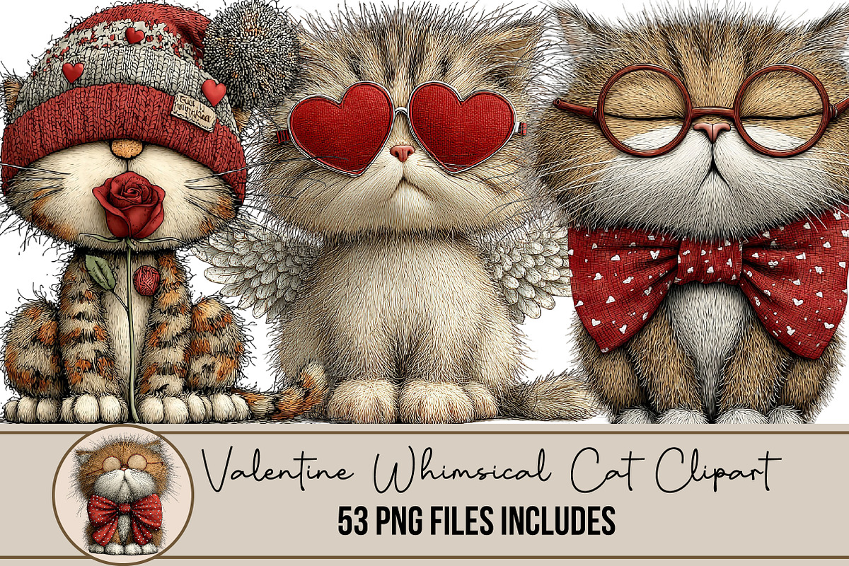 Valentine Whimsical Cat Clipart, an Illustration by DreamArtGraphic (Photo 1 of 5)