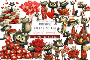 Whimsical Valentine Cat Clipart, an Illustration by DreamArtGraphic