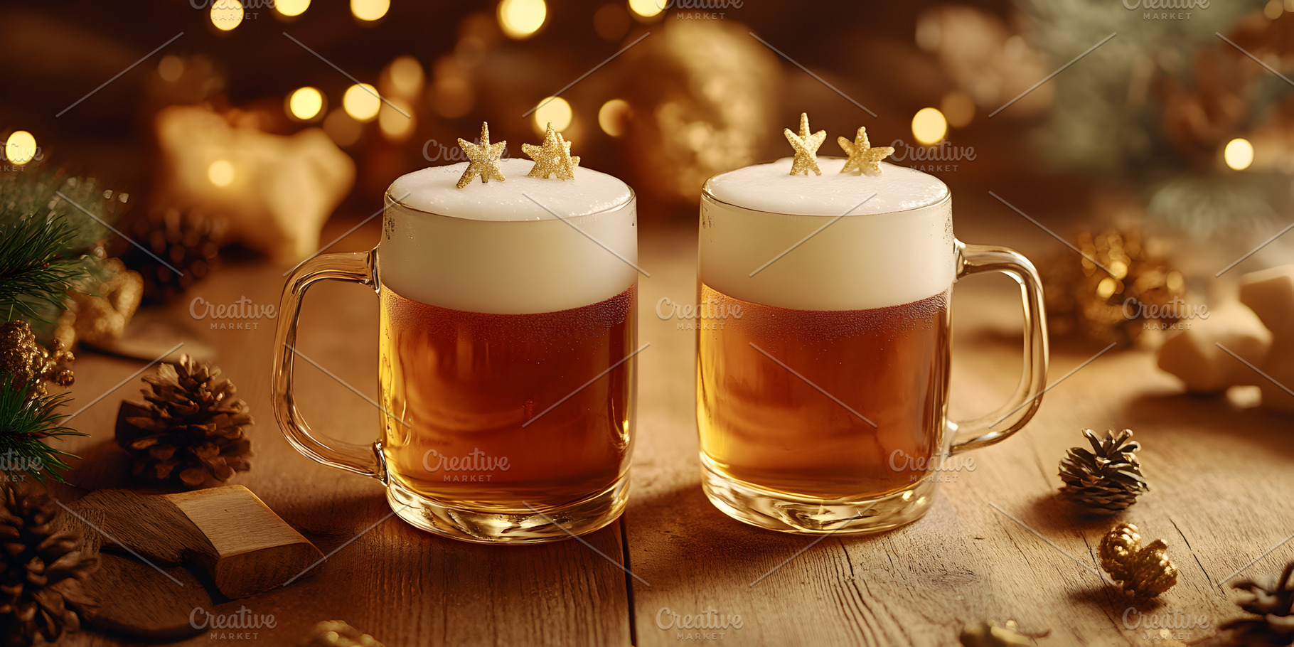 Holiday beer mugs with foam and festive decor, a Food & Drink Photo by Photostock