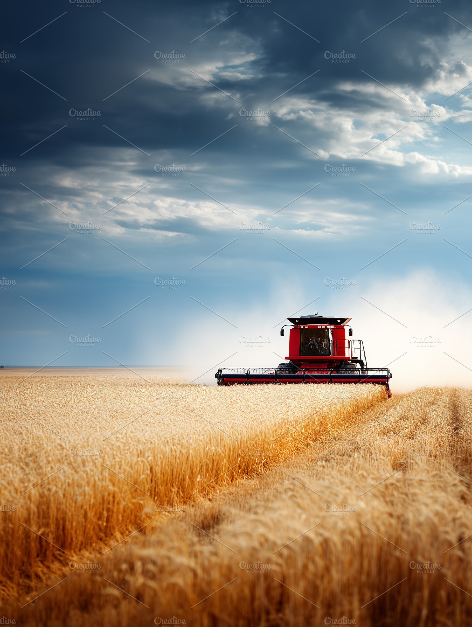 Red combine harvester working, an Industrial Photo by MistyDay