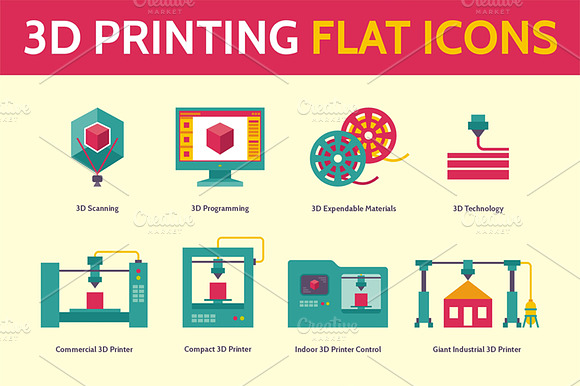 3D Printing Icons In Flat Style