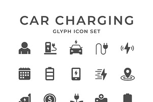 Set glyph icons of car charging, an Outline Icon by motorama