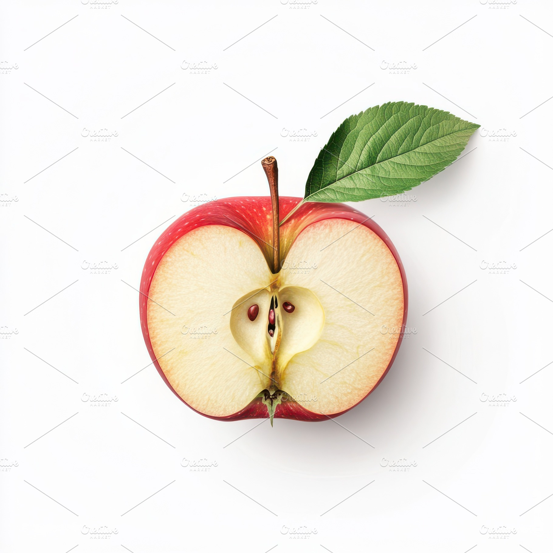 Red apple with half and green leaf i, a Food & Drink Photo by Pixeness Studio