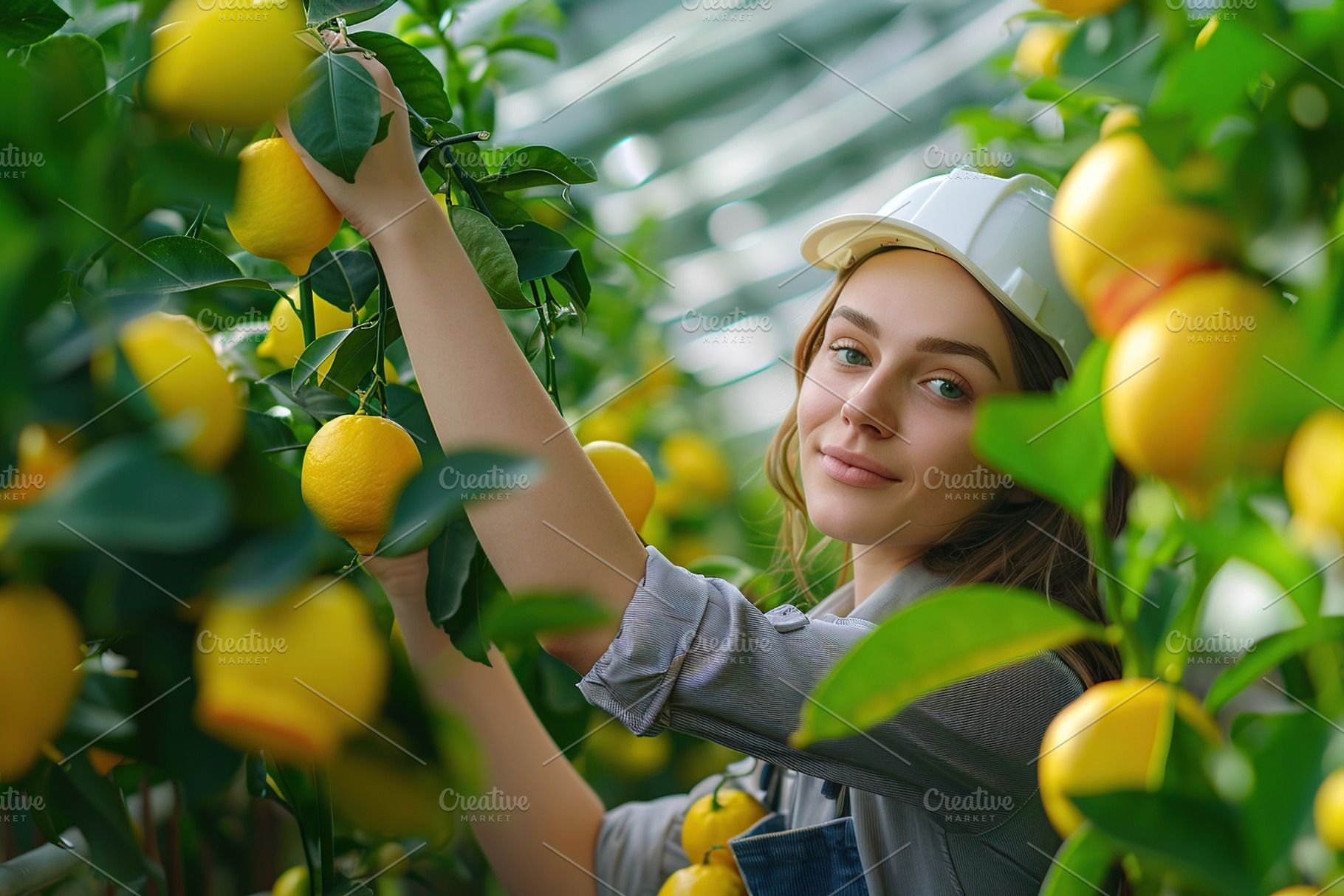 Beautiful young woman taking care of the lemon tree in greenhouse, a Nature Photo by AlyaAnd