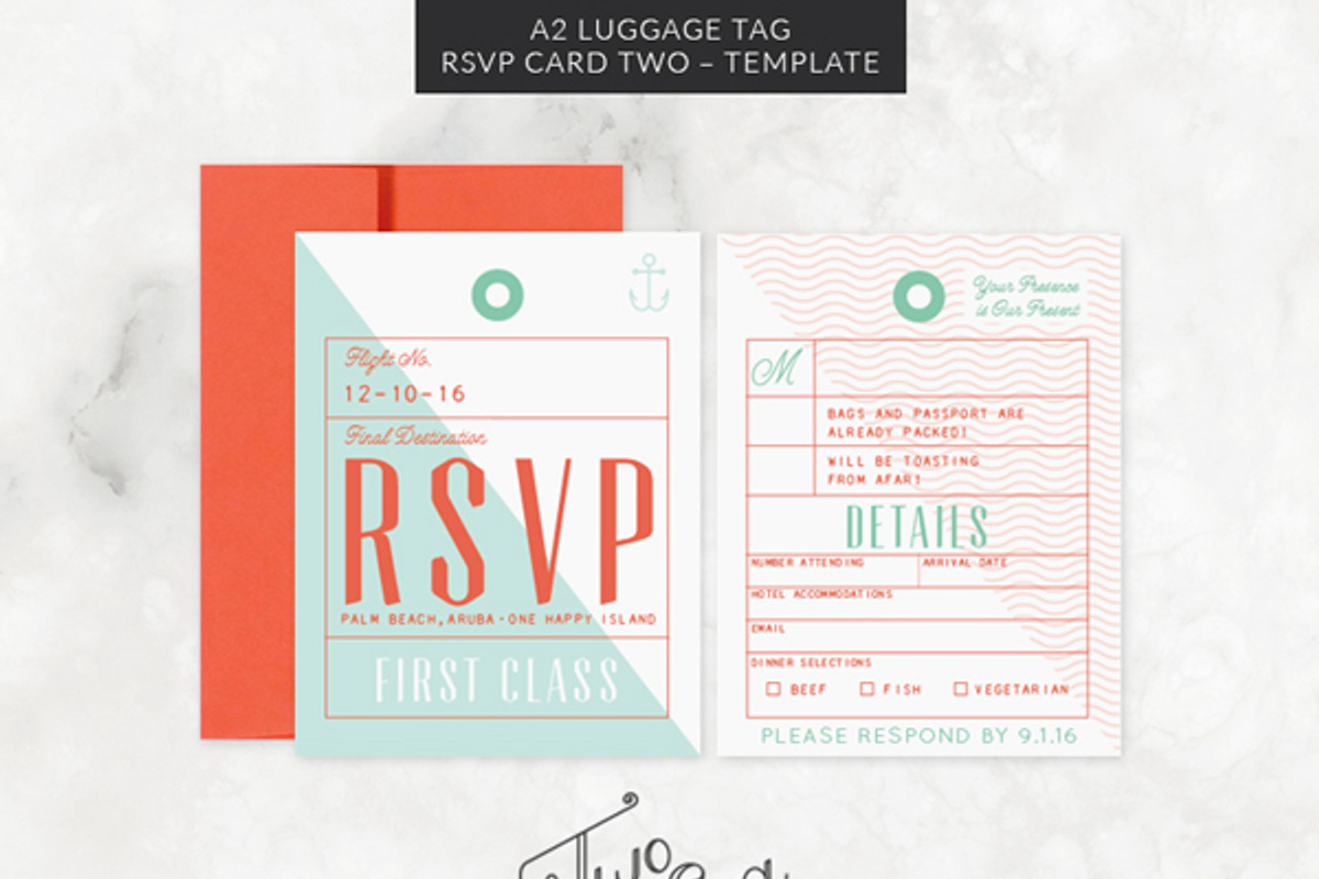 A2 Luggage Tag RSVP Card Template, an Invitation Template by Two if by Sea Studios
