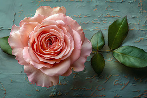 A close-up of a delicate pink rose with lush green leaves, displayed on a textu, a Business Photo by ImageMir