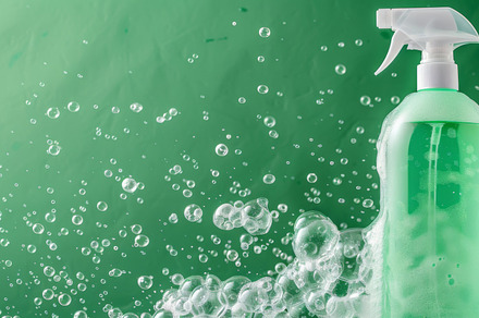 Spray bottle with green liquid and foam on green background, a Photo by Dvoevnore photos