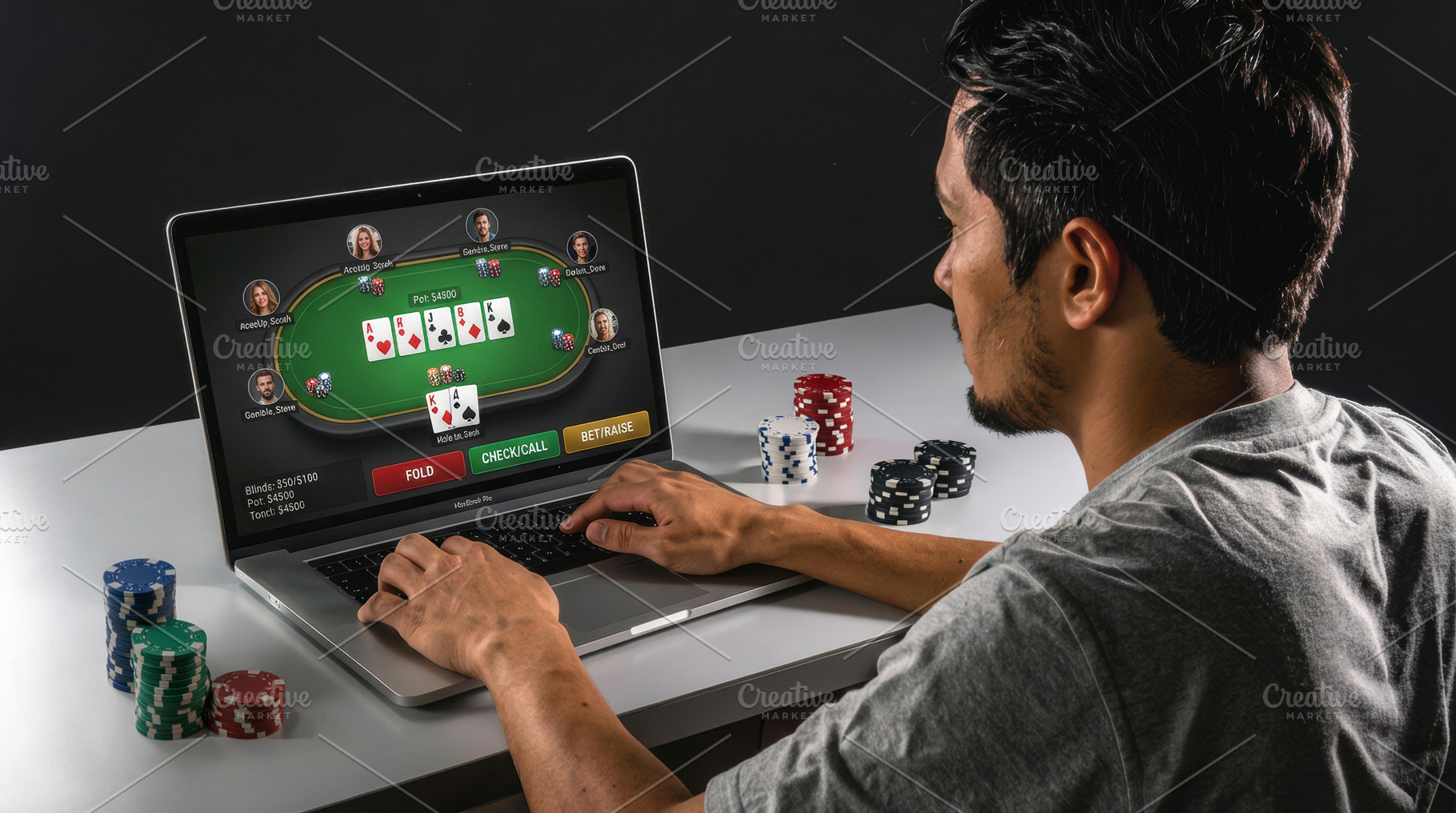 Man playing online poker with chips at desk, a Sports & Recreation Photo by Davizro's Market