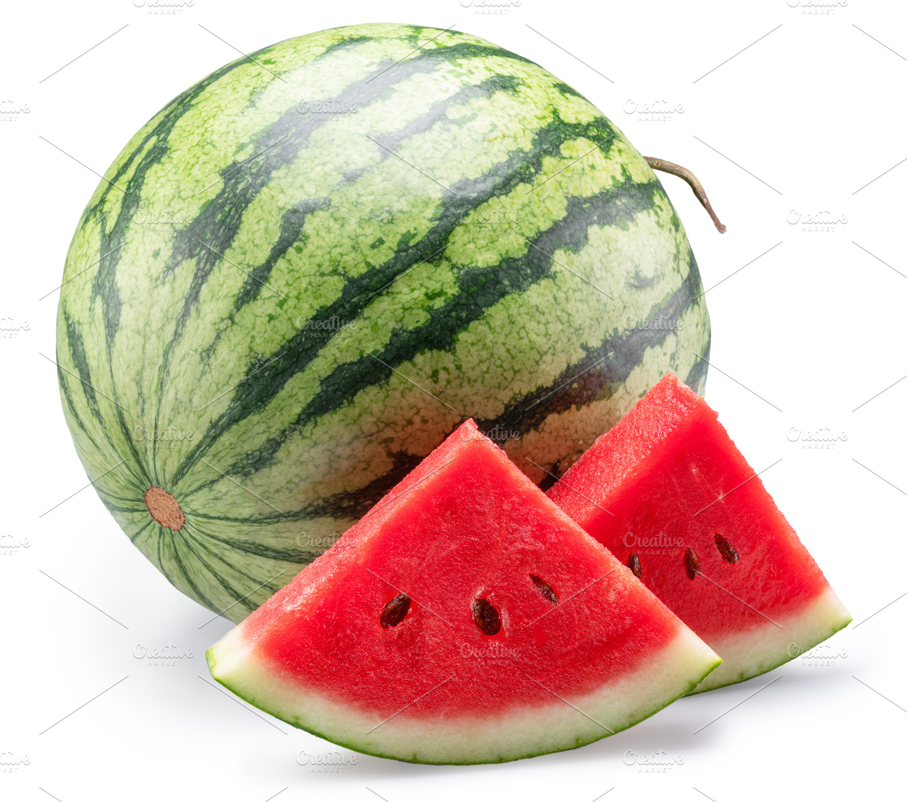Round striped watermelon and watermelon slices isolated on white, a Food & Drink Photo by Volff