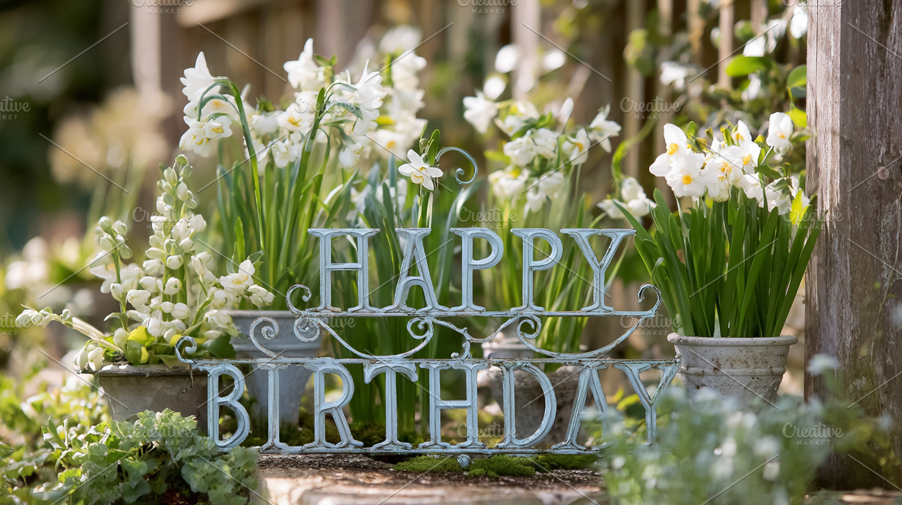 Happy birthday sign decorating a spring garden with white narcis, a Photo by Studio ANNA