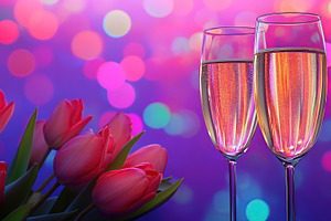 Champagne glasses on blurred lights background, Valentine's Day, a Photo by AlyaAnd