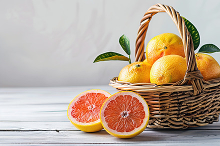 Fresh grapefruit with green leafs in basket on wooden table, a Food & Drink Photo by AlyaAnd