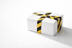 Yellow and black warning tape on whi, a Photo by Dvoevnore photos