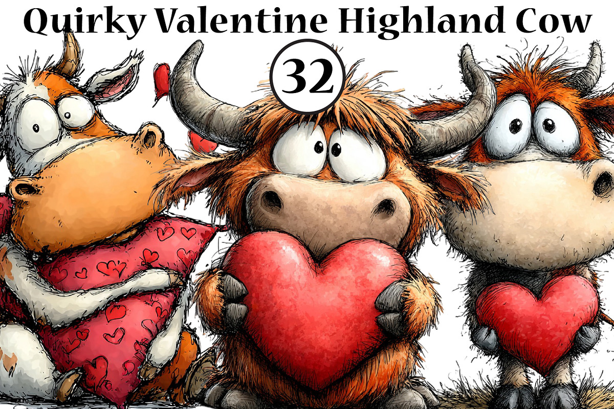 Quirky Valentine Highland Cow Clipar, an Illustration by CreationArt (Photo 1 of 5)