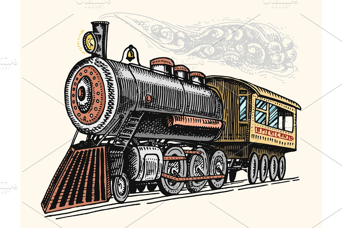 engraved vintage, hand drawn, old locomotive or train with steam on american railway. retro transport., a Transportation Illustration by Arthur Balitskiy