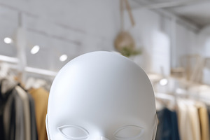 A white mannequin head wearing a white face mask mockup in a clothing store wit, a Mask Mockup by Textures & Backgrounds