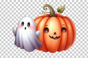 Watercolor Cute Pumpkin With Ghost