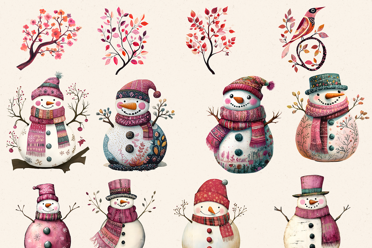 CUTE LOVELY PINK SNOWMEN CLIPART, a Seasonal Illustration by Daring Digies (Photo 2 of 7)