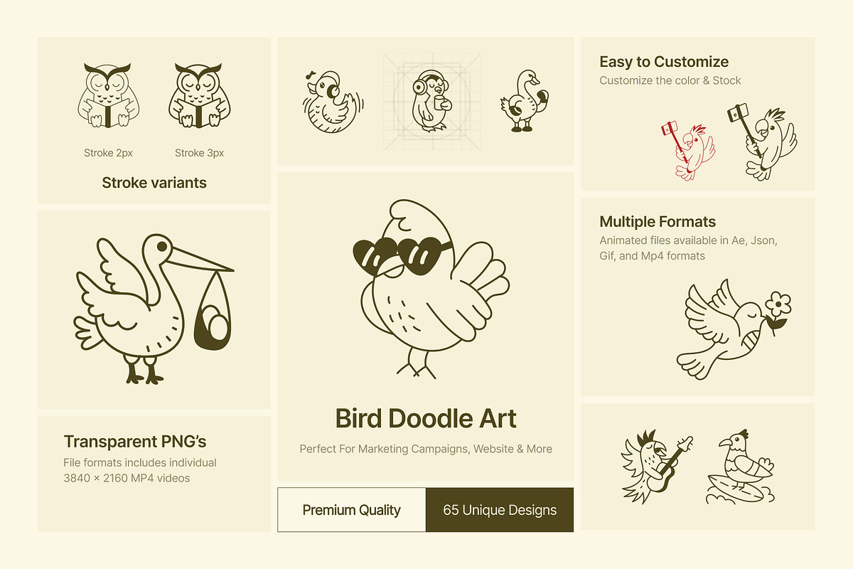 Animated Bird Doodle Art Set, an Outline Icon by Vectors Market (Photo 2 of 5)